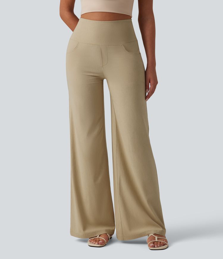 Hochgeschnittene, figurformende Freizeithose aus Stretch-Leinen mit weitem Bein und Taschen