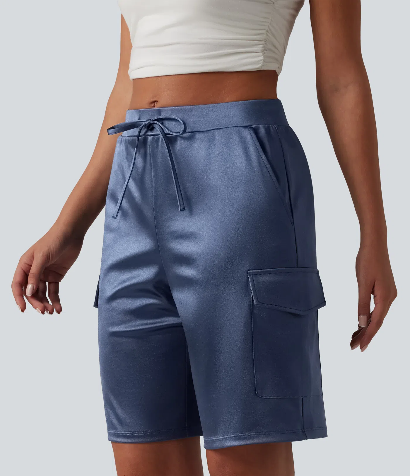 Mid Rise Drawstring Satin Casual Cargo Shorts 9'' with Pockets