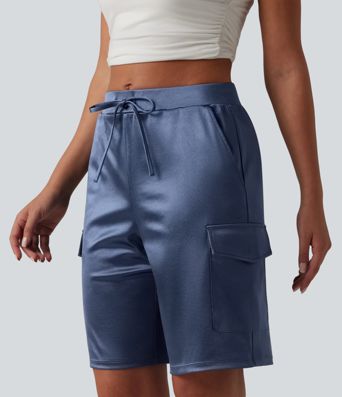 Mid Rise Drawstring Satin Casual Cargo Shorts 9'' with Pockets