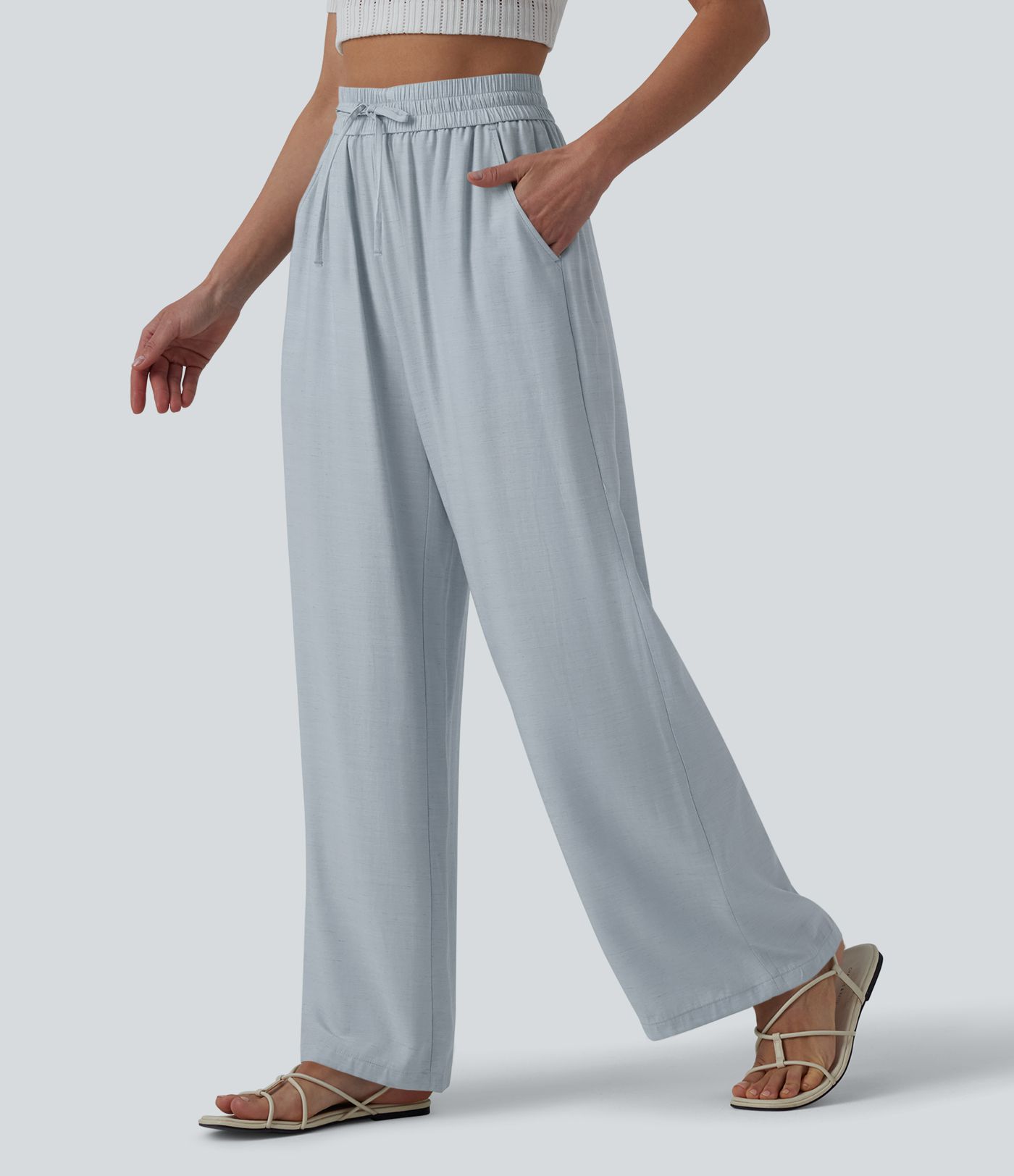 High Waisted Drawstring Wide Leg Casual Linen-Blend Pants with Pockets