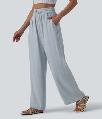 High Waisted Drawstring Wide Leg Casual Linen-Blend Pants with Pockets