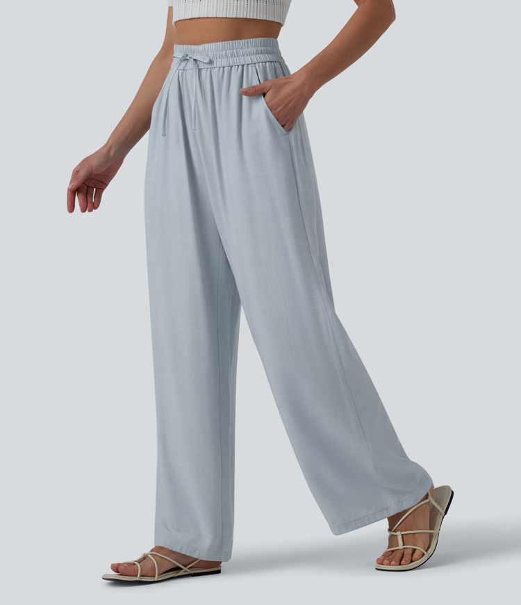 High Waisted Drawstring Wide Leg Casual Linen-Blend Pants with Pockets