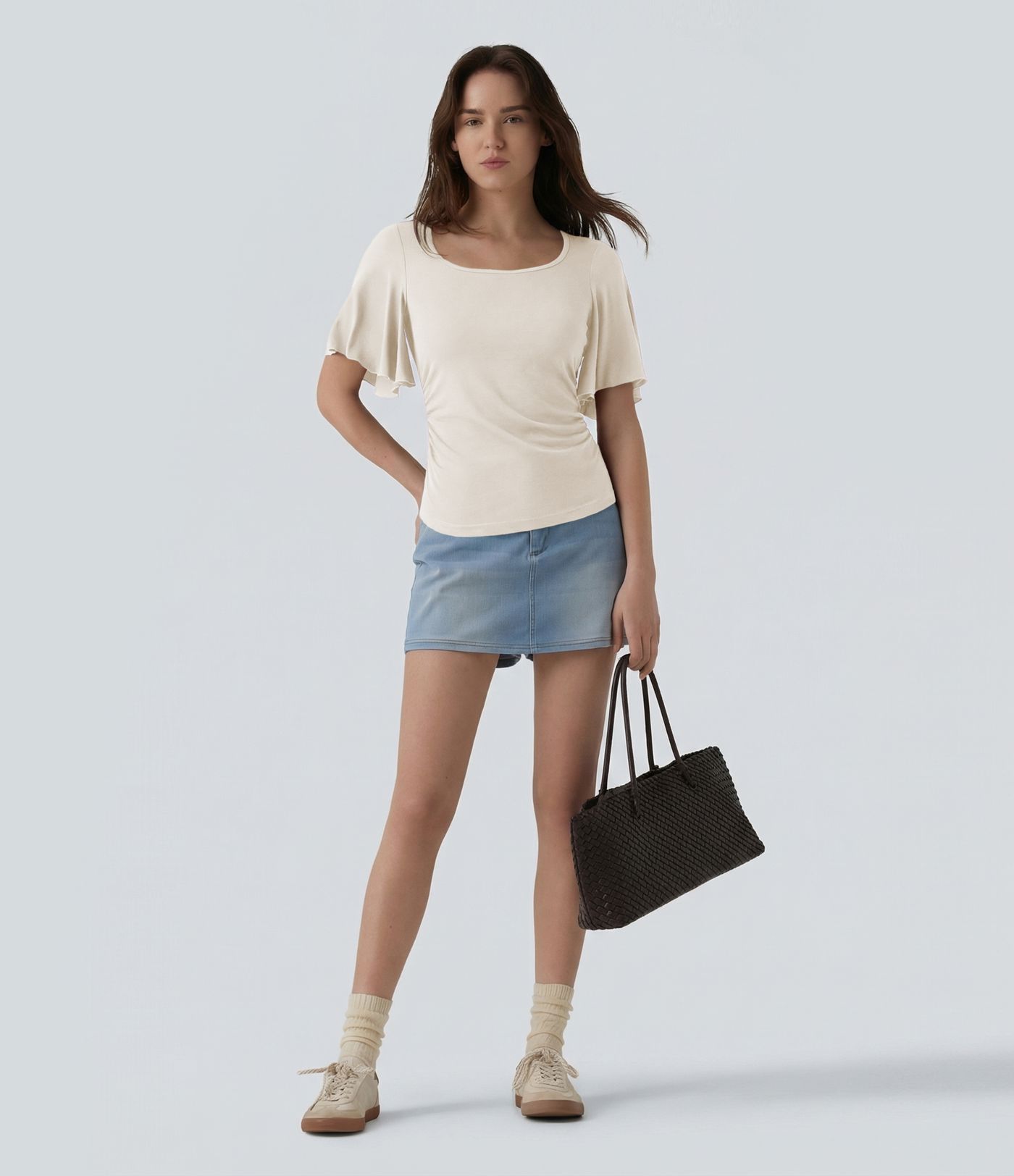 Ribbed Square Neck Butterfly Sleeve Ruched Casual T-Shirt