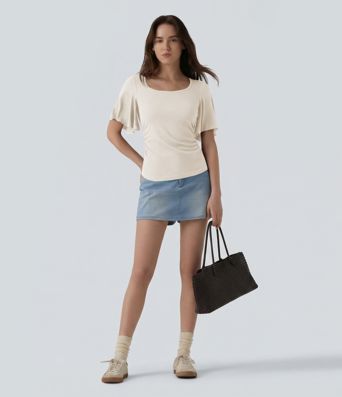 Ribbed Square Neck Butterfly Sleeve Ruched Casual T-Shirt