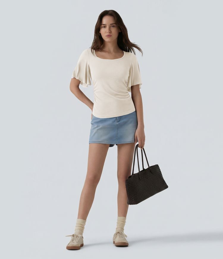 Ribbed Square Neck Butterfly Sleeve Ruched Casual T-Shirt