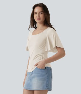 Ribbed Square Neck Butterfly Sleeve Ruched Casual T-Shirt
