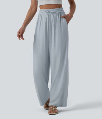 High Waisted Drawstring Wide Leg Casual Linen-Blend Pants with Pockets