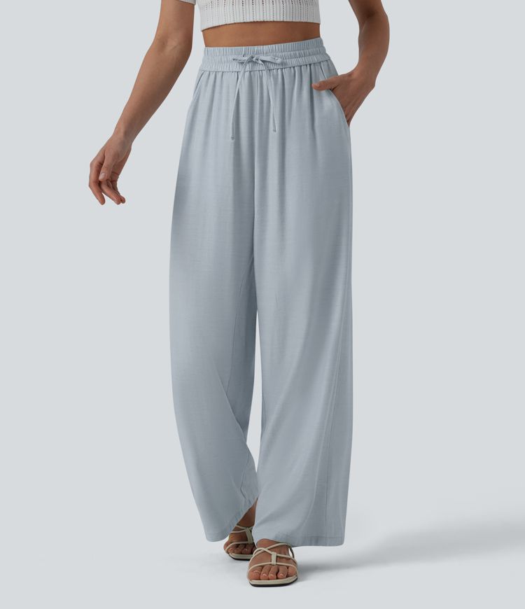 High Waisted Drawstring Wide Leg Casual Linen-Blend Pants with Pockets