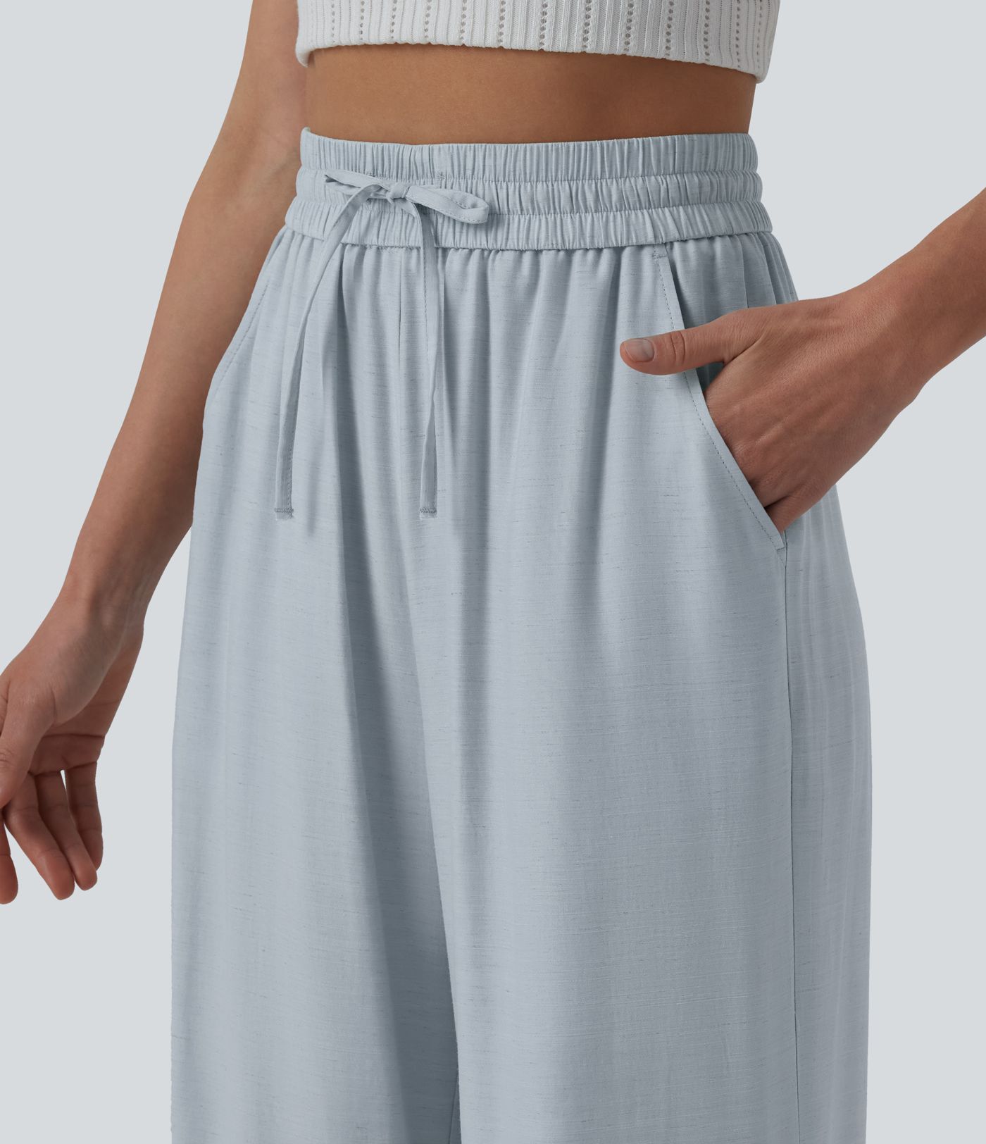 High Waisted Drawstring Wide Leg Casual Linen-Blend Pants with Pockets