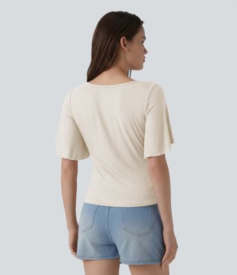 Ribbed Square Neck Butterfly Sleeve Ruched Casual T-Shirt