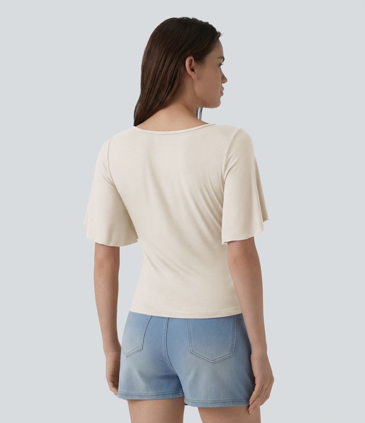 Ribbed Square Neck Butterfly Sleeve Ruched Casual T-Shirt