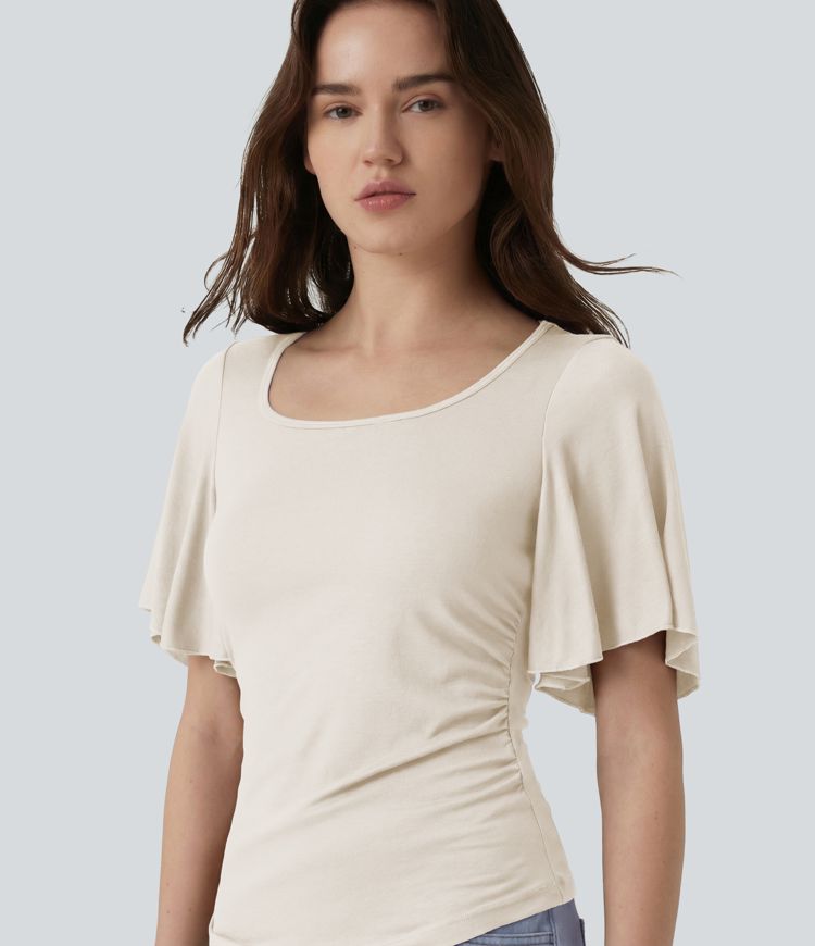 Ribbed Square Neck Butterfly Sleeve Ruched Casual T-Shirt