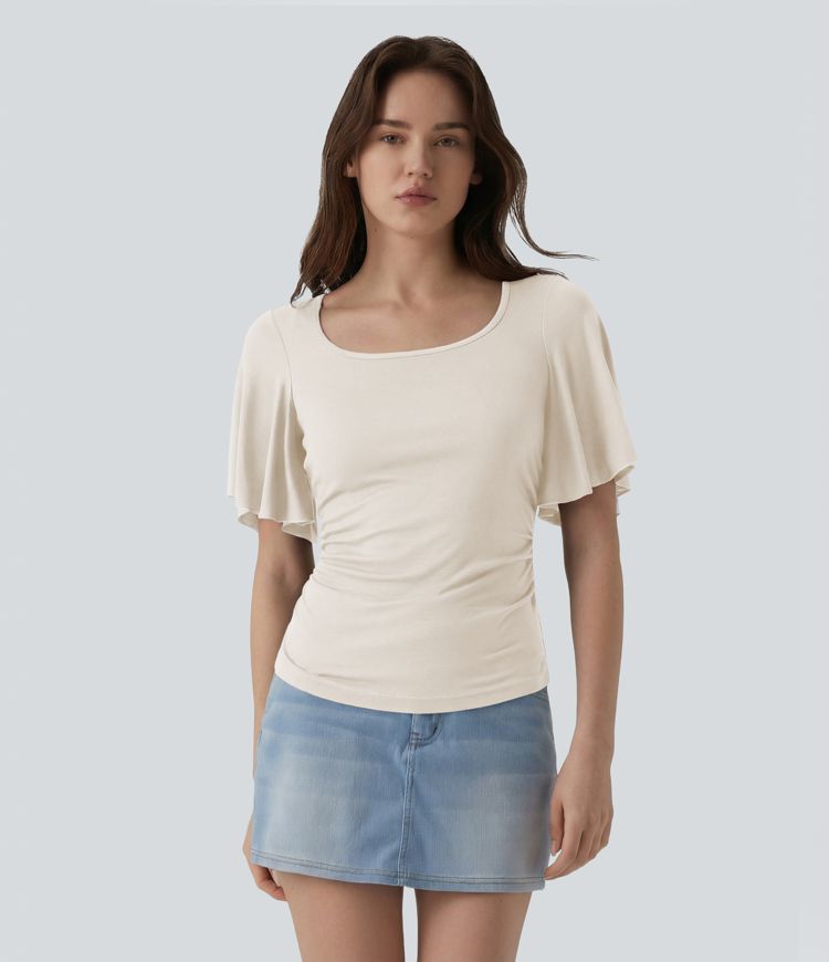 Ribbed Square Neck Butterfly Sleeve Ruched Casual T-Shirt
