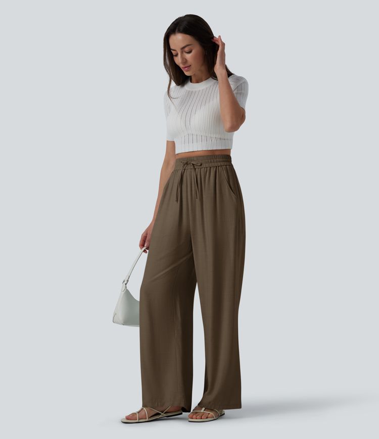 Lässige Leinen-Hose mit hohem Bund, Kordelzug, weitem Bein und Taschen