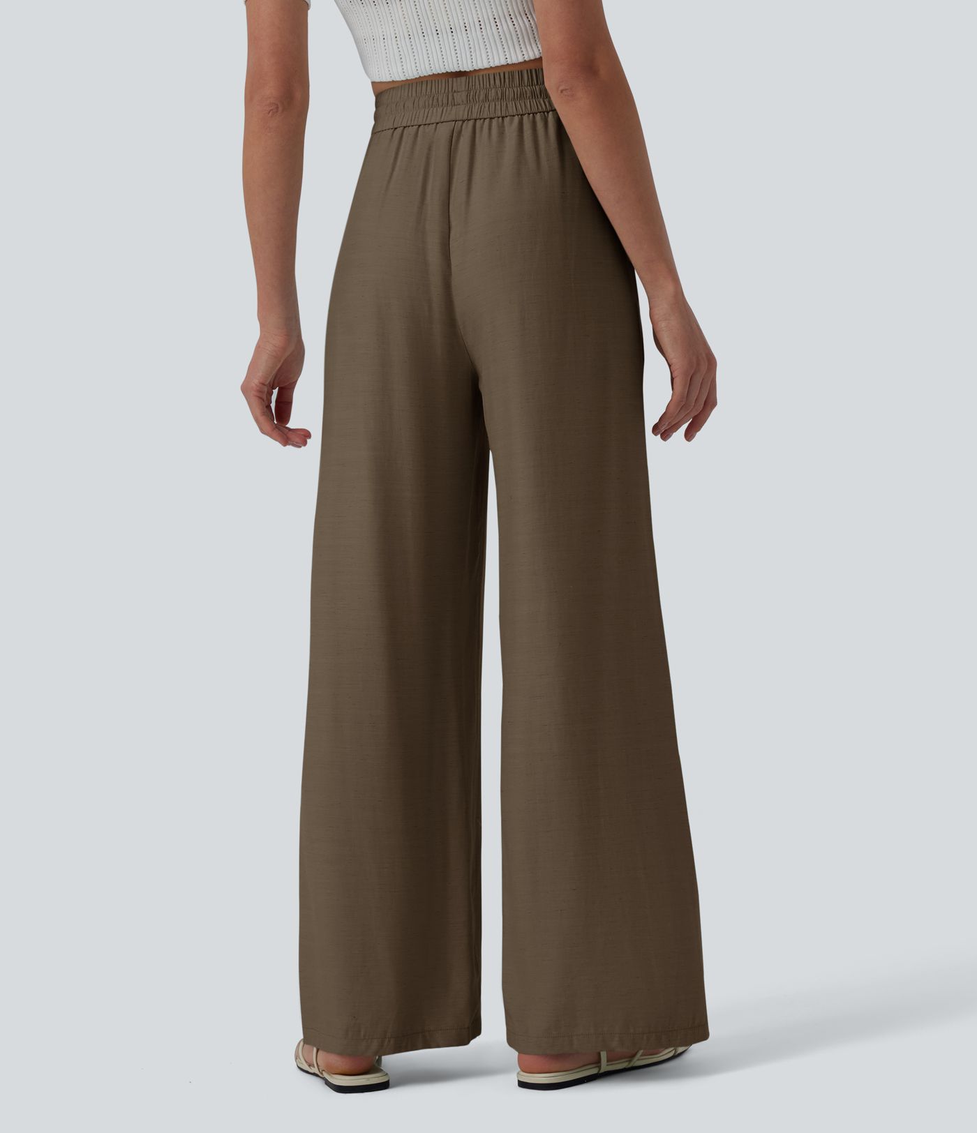 Lässige Leinen-Hose mit hohem Bund, Kordelzug, weitem Bein und Taschen