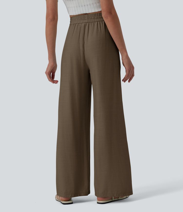 Lässige Leinen-Hose mit hohem Bund, Kordelzug, weitem Bein und Taschen