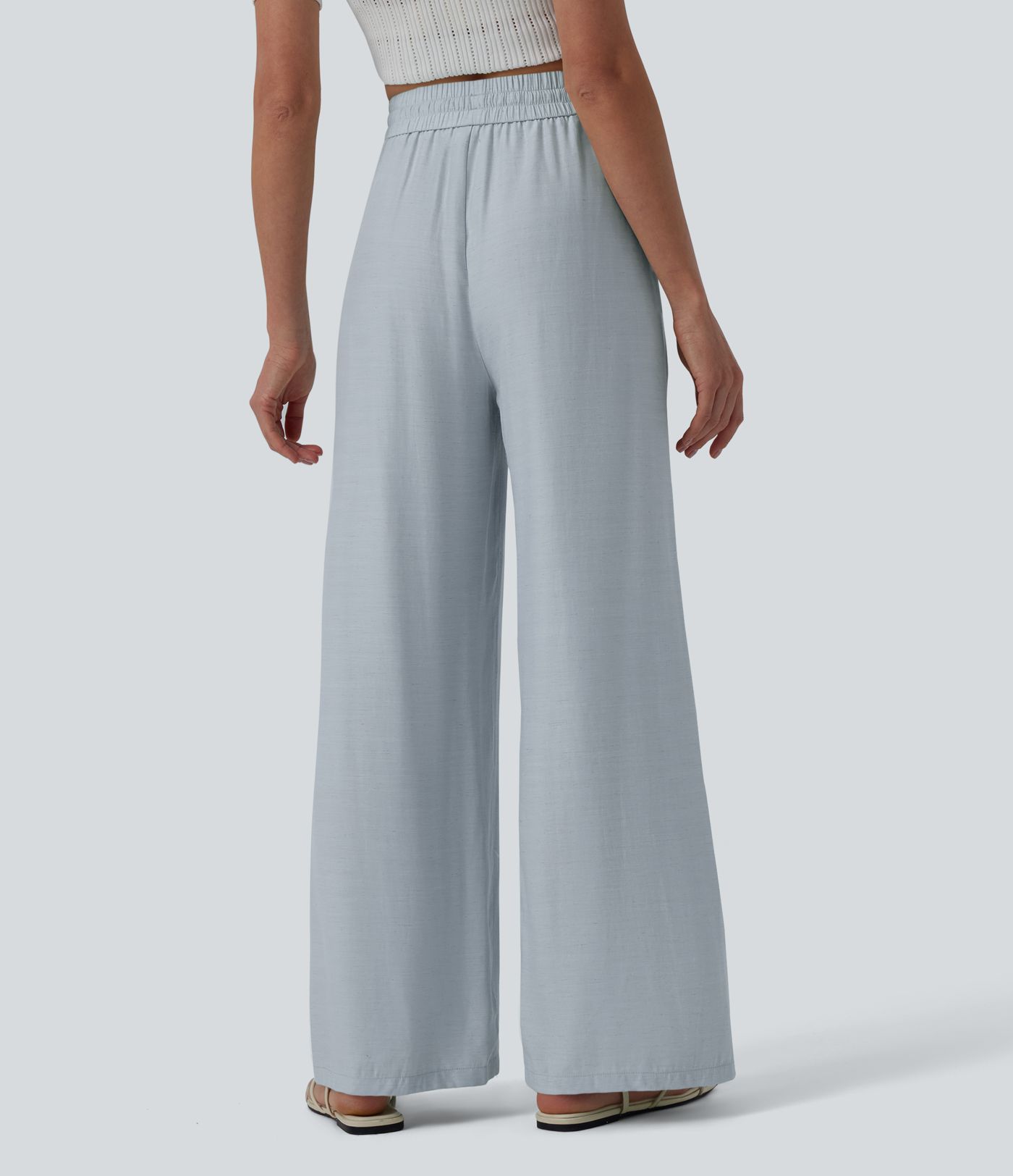 High Waisted Drawstring Wide Leg Casual Linen-Blend Pants with Pockets