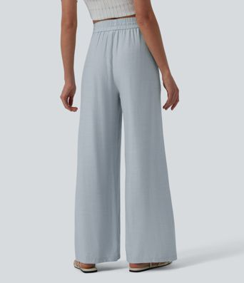 High Waisted Drawstring Wide Leg Casual Linen-Blend Pants with Pockets
