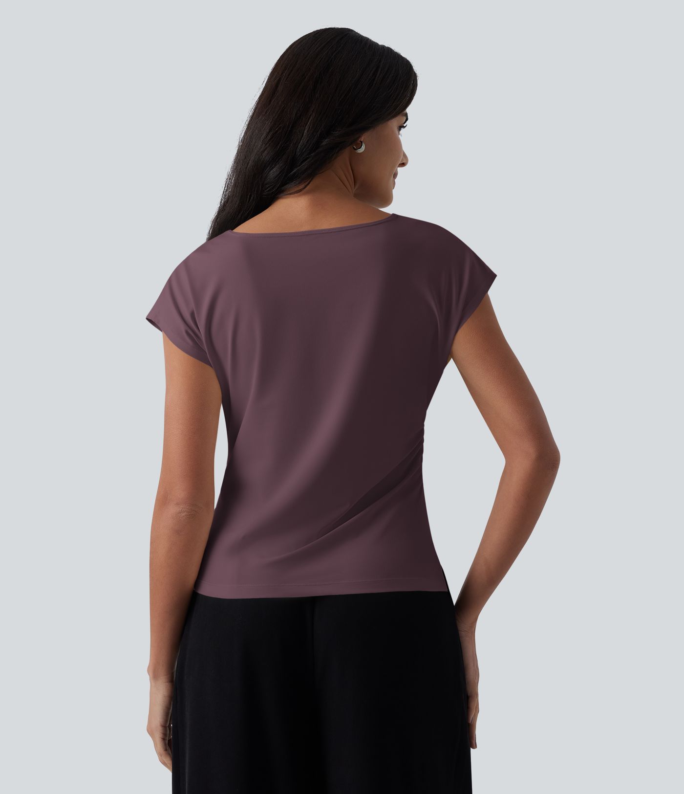Asymmetric Cowl Neck Short Sleeve Ruched Split Hem Work Blouse