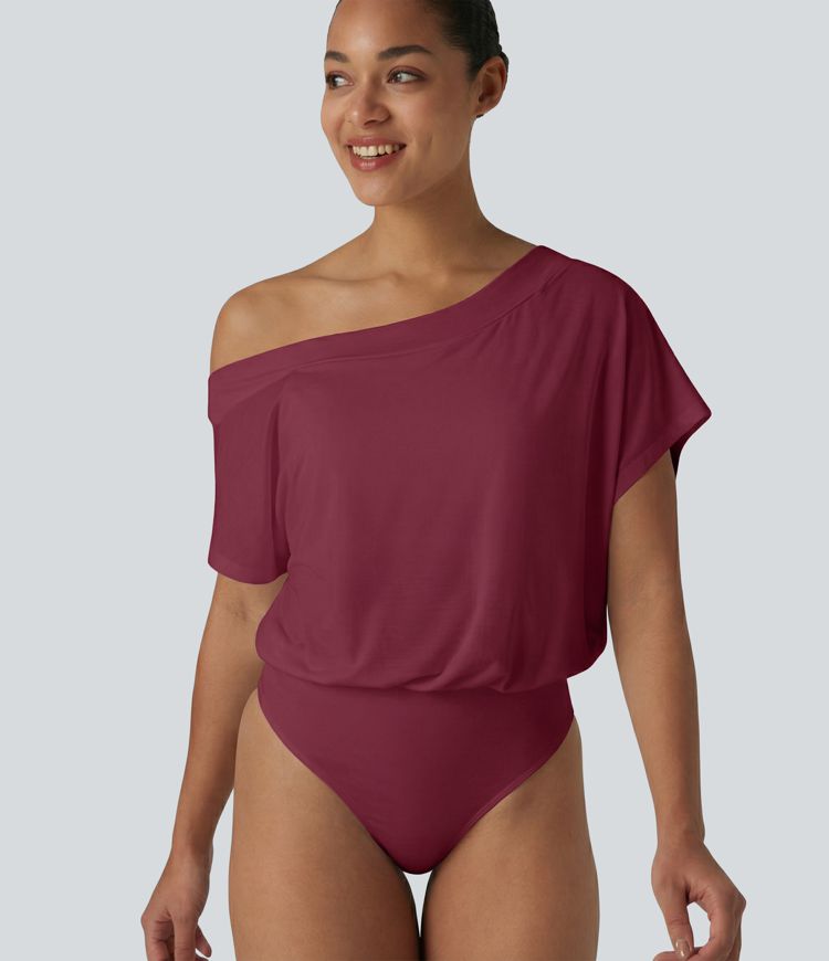 One Shoulder Built-in Bra Short Sleeve Quick Dry Casual Bodysuit