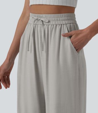 High Waisted Drawstring Wide Leg Casual Linen-Blend Pants with Pockets