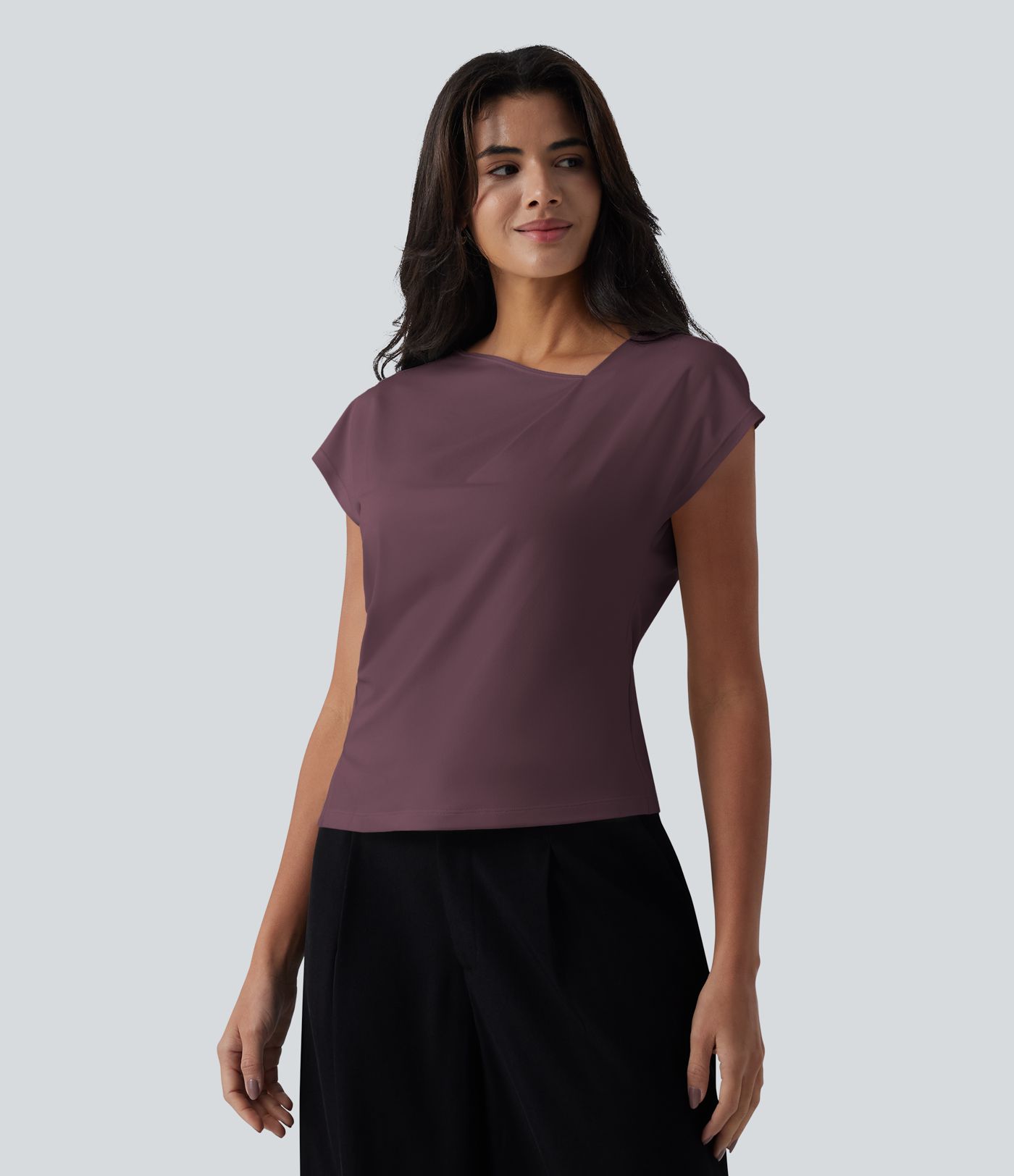 Asymmetric Cowl Neck Short Sleeve Ruched Split Hem Work Blouse