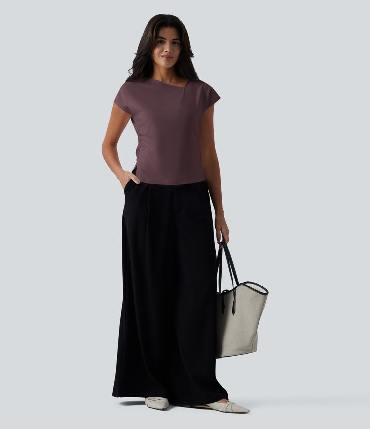 Asymmetric Cowl Neck Short Sleeve Ruched Split Hem Work Blouse