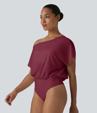 One Shoulder Built-in Bra Short Sleeve Quick Dry Casual Bodysuit