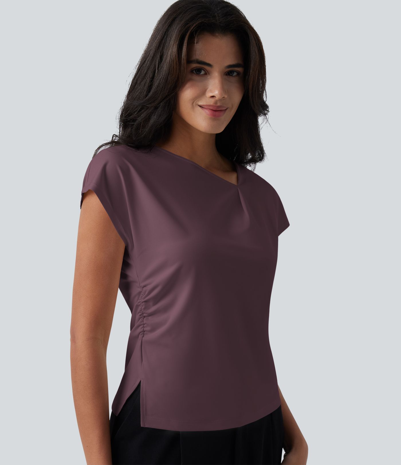 Asymmetric Cowl Neck Short Sleeve Ruched Split Hem Work Blouse