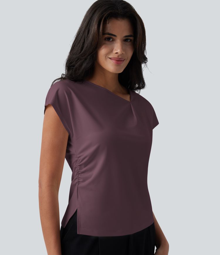 Asymmetric Cowl Neck Short Sleeve Ruched Split Hem Work Blouse