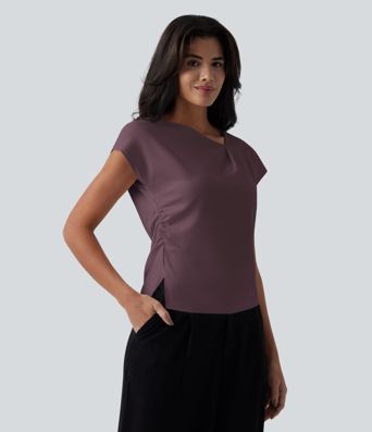 Asymmetric Cowl Neck Short Sleeve Ruched Split Hem Work Blouse