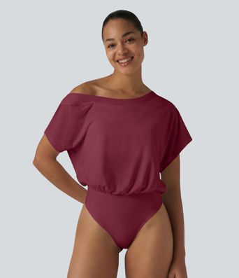 One Shoulder Built-in Bra Short Sleeve Quick Dry Casual Bodysuit