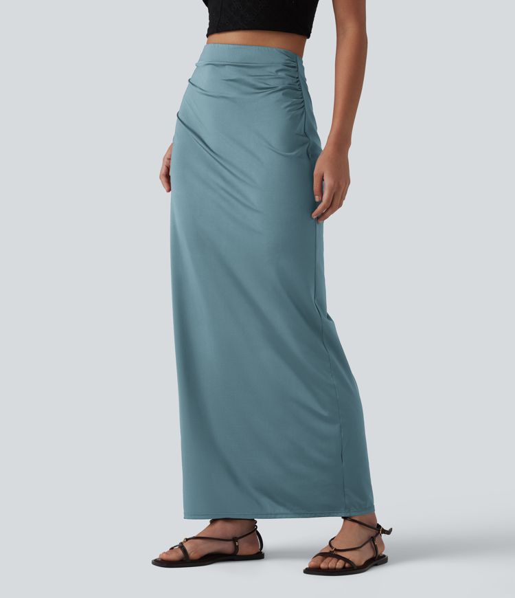 High Waisted Ruched Stretchy Satin-Like Cool Touch Maxi Casual Pencil Skirt
