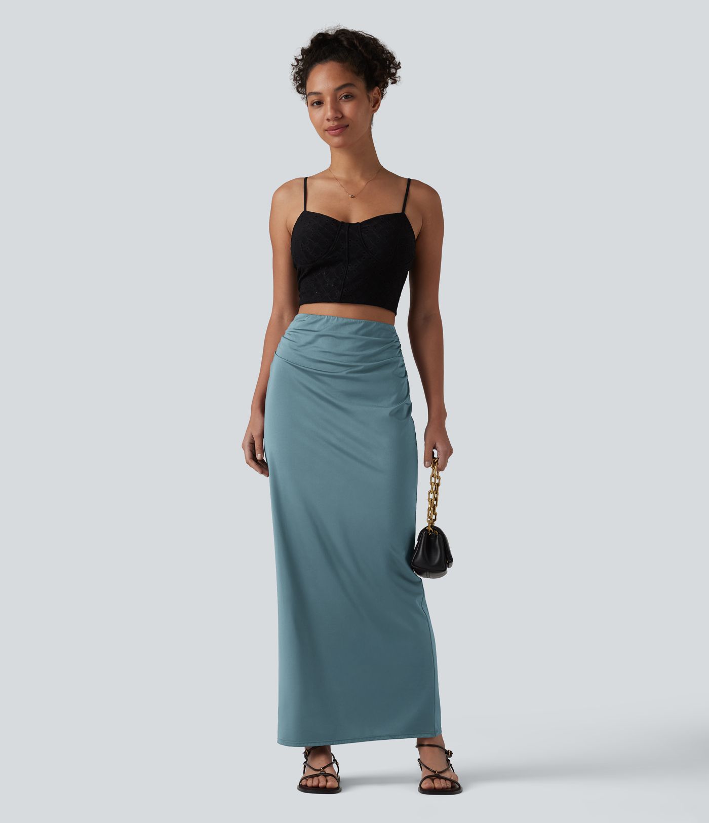 High Waisted Ruched Stretchy Satin-Like Cool Touch Maxi Casual Pencil Skirt