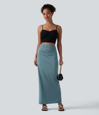 High Waisted Ruched Stretchy Satin-Like Cool Touch Maxi Casual Pencil Skirt