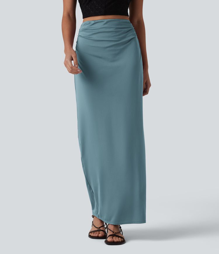 High Waisted Ruched Stretchy Satin-Like Cool Touch Maxi Casual Pencil Skirt