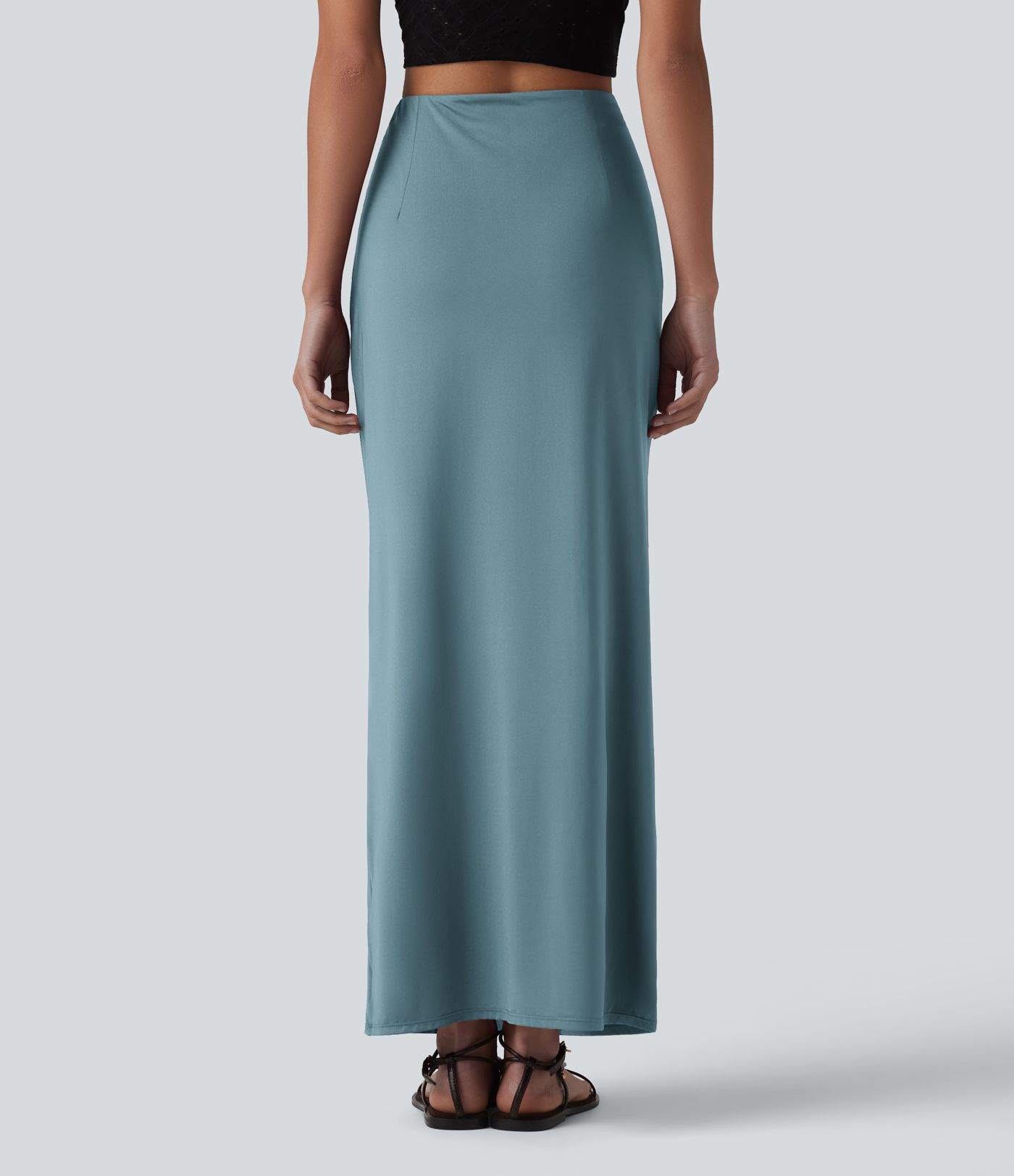 High Waisted Ruched Stretchy Satin-Like Cool Touch Maxi Casual Pencil Skirt