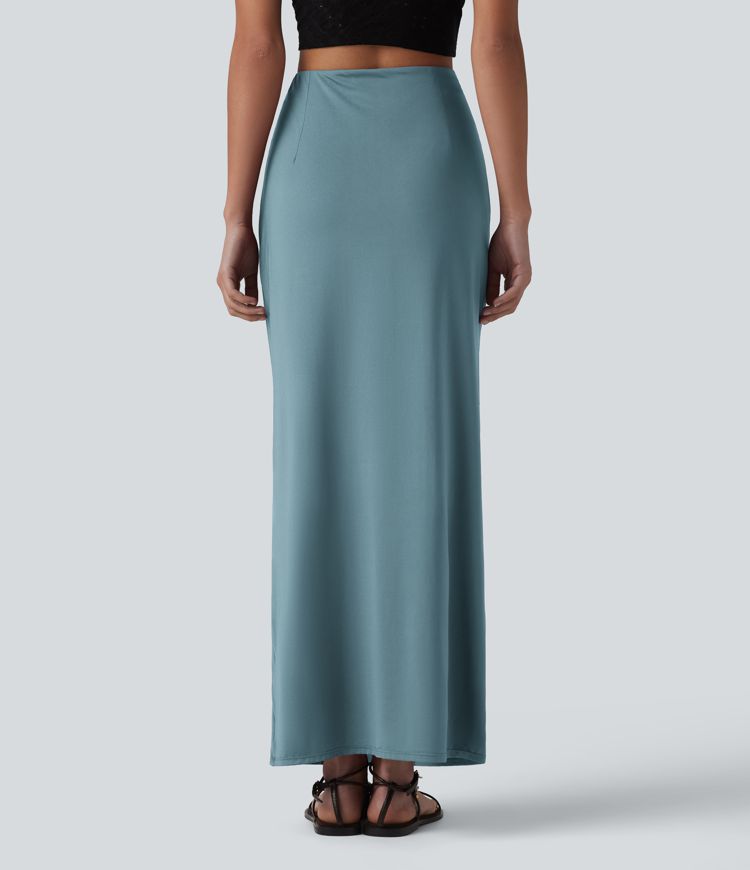 High Waisted Ruched Stretchy Satin-Like Cool Touch Maxi Casual Pencil Skirt