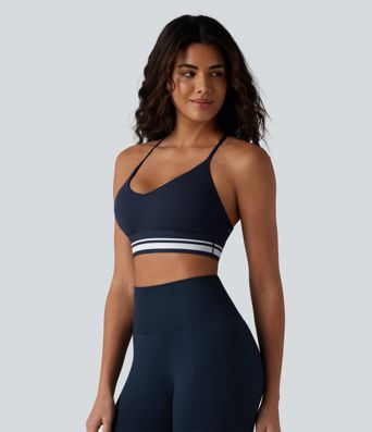 SoftlyZero™ Plush Light Support Crisscross Backless Color Block Stripes Built-in Bra Workout Sports Bra