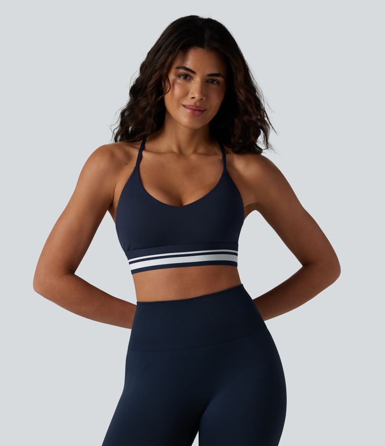 SoftlyZero™ Plush Light Support Crisscross Backless Color Block Stripes Built-in Bra Workout Sports Bra