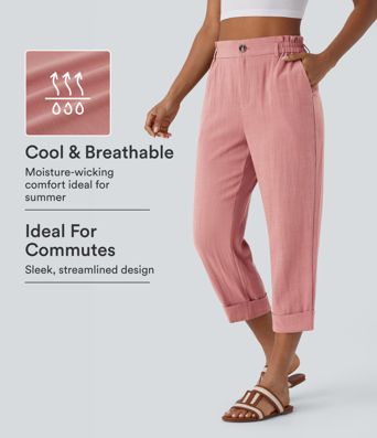 Pantaloni Capri in stile lino con tasche con cerniera in vita alta