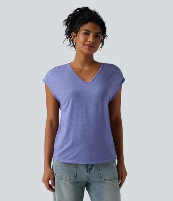 V Neck Short Sleeve Relaxed Heathered Casual T-Shirt