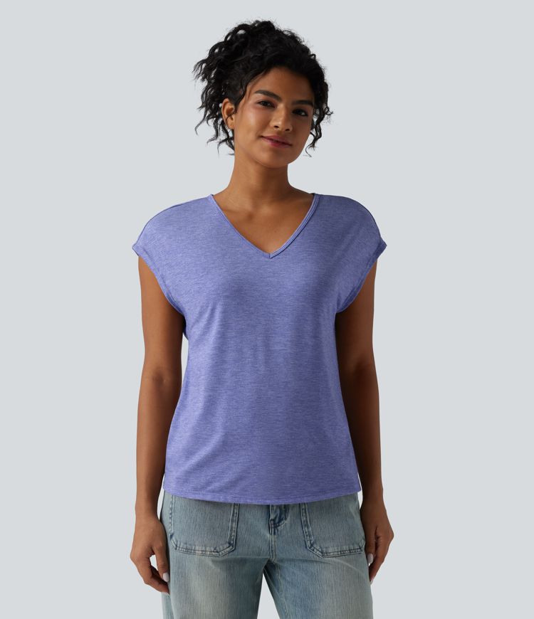 V Neck Short Sleeve Relaxed Heathered Casual T-Shirt