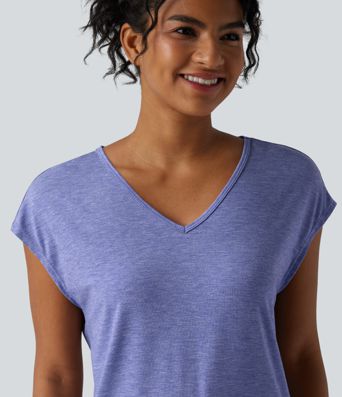 V Neck Short Sleeve Relaxed Heathered Casual T-Shirt