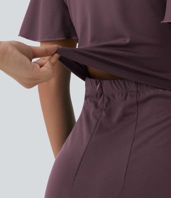 Jumpsuit mit Rundhalsausschnitt, kurzen Ärmeln, vorn zum Knoten, weitem Bein und Taschen – Easy Peezy Edition Jumpsuit mit Rundhalsausschnitt, kurzen Ärmeln, vorn zum Knoten, weitem Bein und Taschen – Easy Peezy Edition