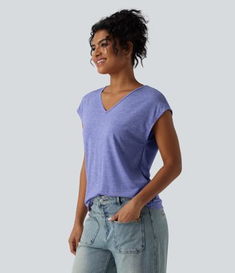V Neck Short Sleeve Relaxed Heathered Casual T-Shirt