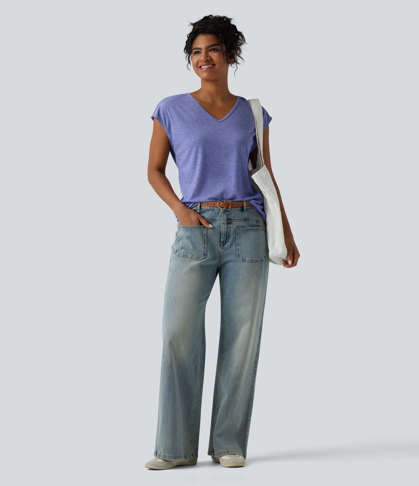 V Neck Short Sleeve Relaxed Heathered Casual T-Shirt