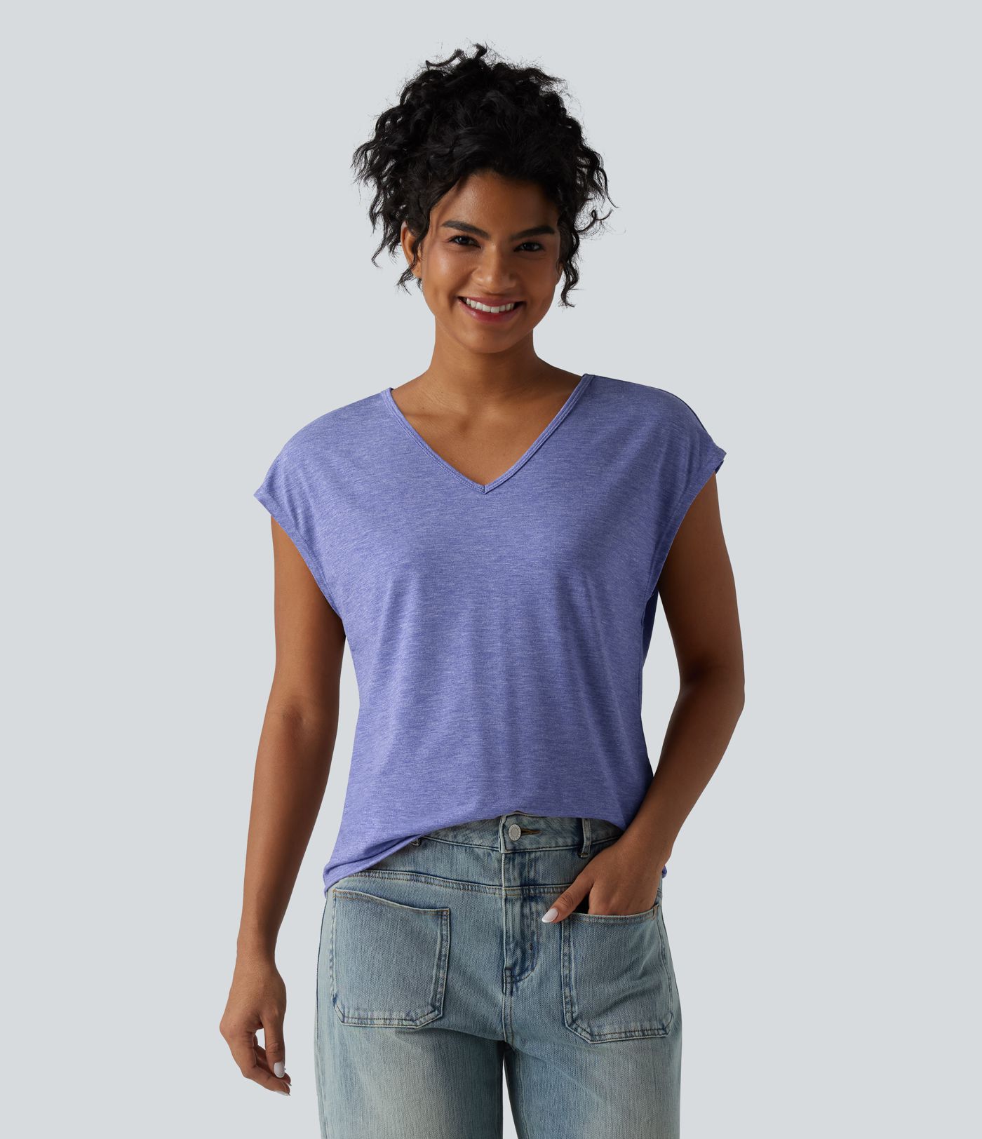 V Neck Short Sleeve Relaxed Heathered Casual T-Shirt