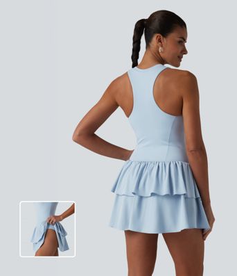Breezeful™ Robe casual 2 en 1 sans manches dos nageur à séchage rapide, ourlet à volants étagés avec soutien-gorge intégré Breezeful™ Robe casual 2 en 1 sans manches dos nageur à séchage rapide, ourlet à volants étagés avec soutien-gorge intégré