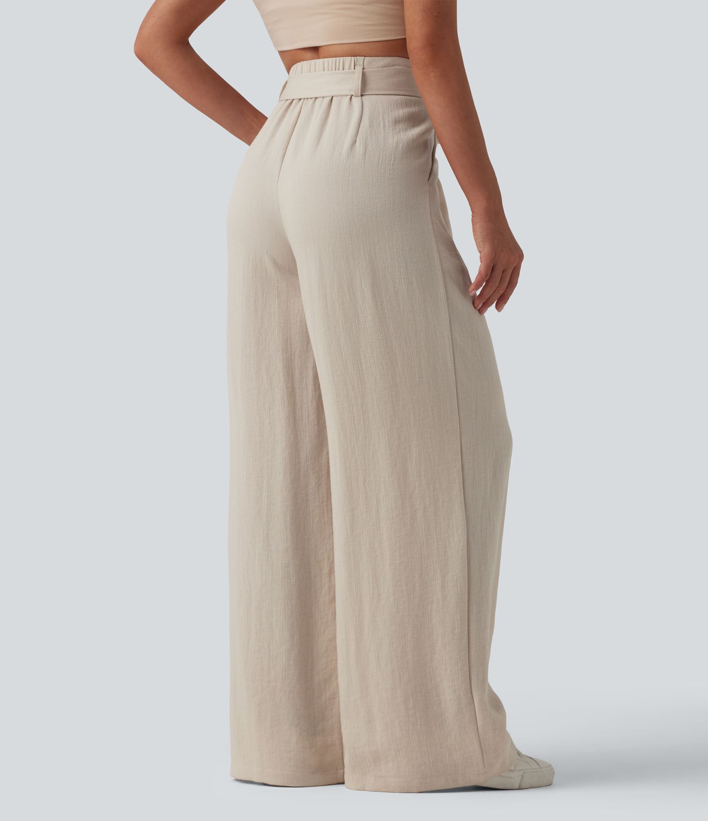 High Waisted Belted Linen-Feel Casual Baggy Pants with Pockets